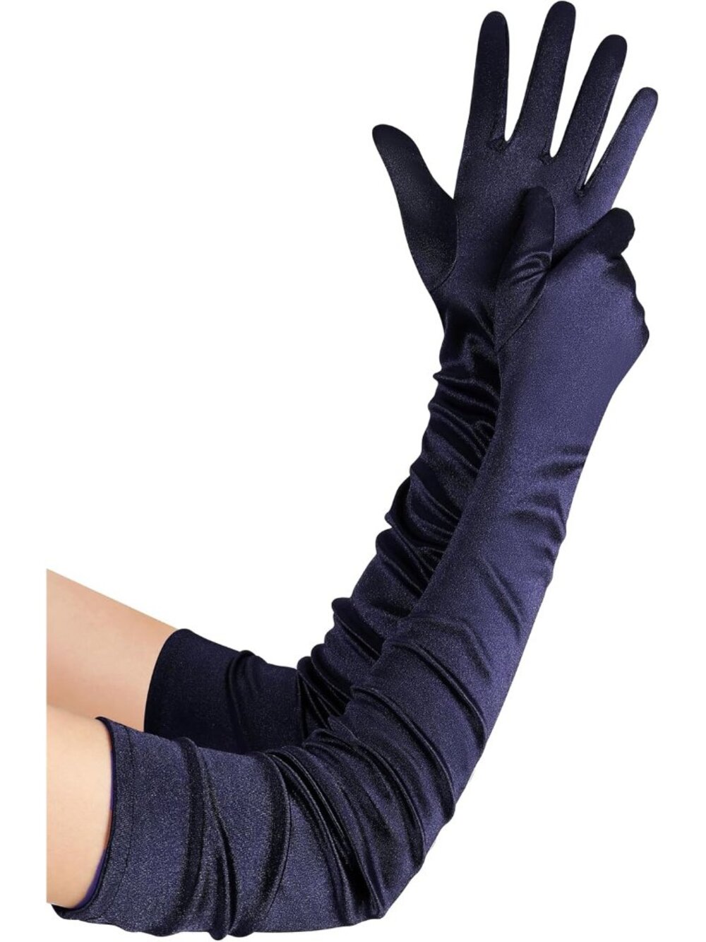 Women Navy Blue Stretchy Satin Upper Arm Length 1920s Flapper Long Opera Gloves